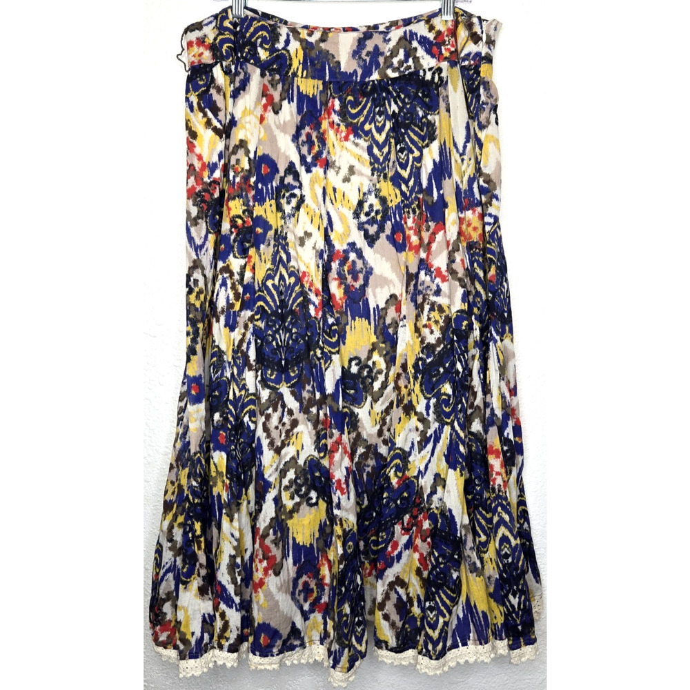 Multiples Skirt Womens‎ 14 Blue Ikat Printed Cotton Flowy Art Crochet Abstract